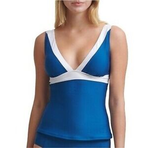 DKNY Navy Color Block V Neck Tankini Top Medium